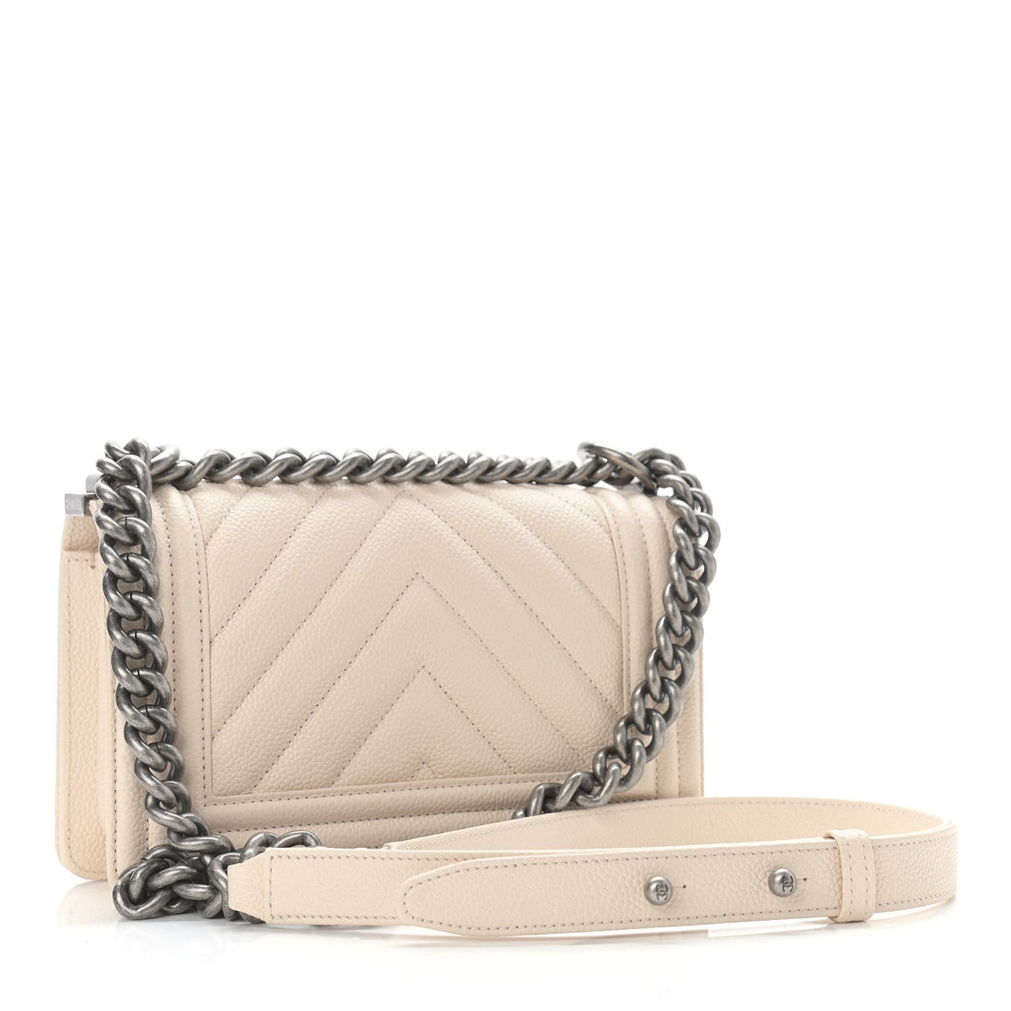 Caviar Chevron Quilted Small Boy Flap Light Beige