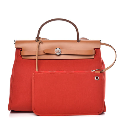Hermes Vache Hunter Toile Herbag Zip 31 PM Rouge Tomate Natural 1 of 9