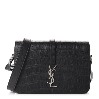 Saint Laurent Calfskin Crocodile Embossed Medium Monogram Universite Bag Black 1 of 10