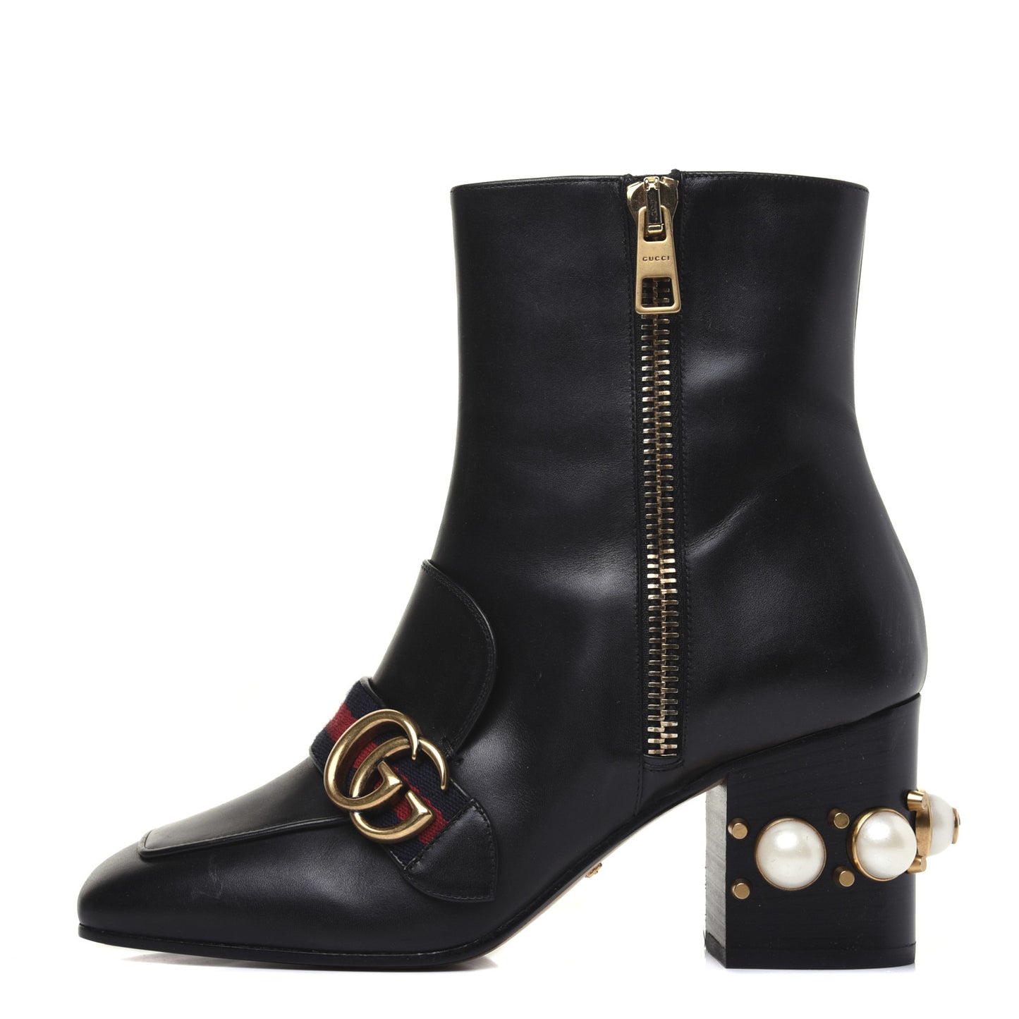 Betis Glamour Calfskin Web Pearl Embellished Peyton 75mm Ankle Boots 37 Black