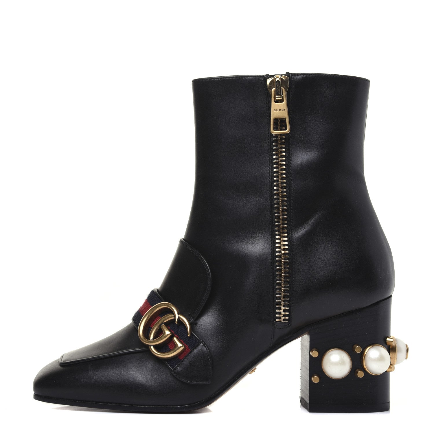 Gucci Betis Glamour Calfskin Web Pearl Embellished Peyton 75mm Ankle Boots 37 Black 1 of 19
