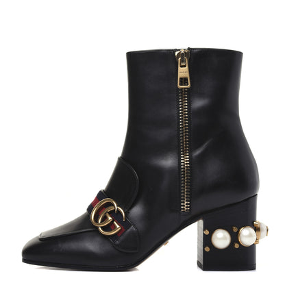 Gucci Betis Glamour Calfskin Web Pearl Embellished Peyton 75mm Ankle Boots 37 Black 1 of 19