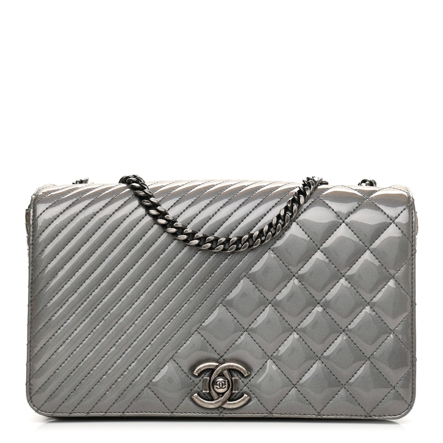 Metallic Patent Quilted Medium Coco Boy Flap Dark Silver