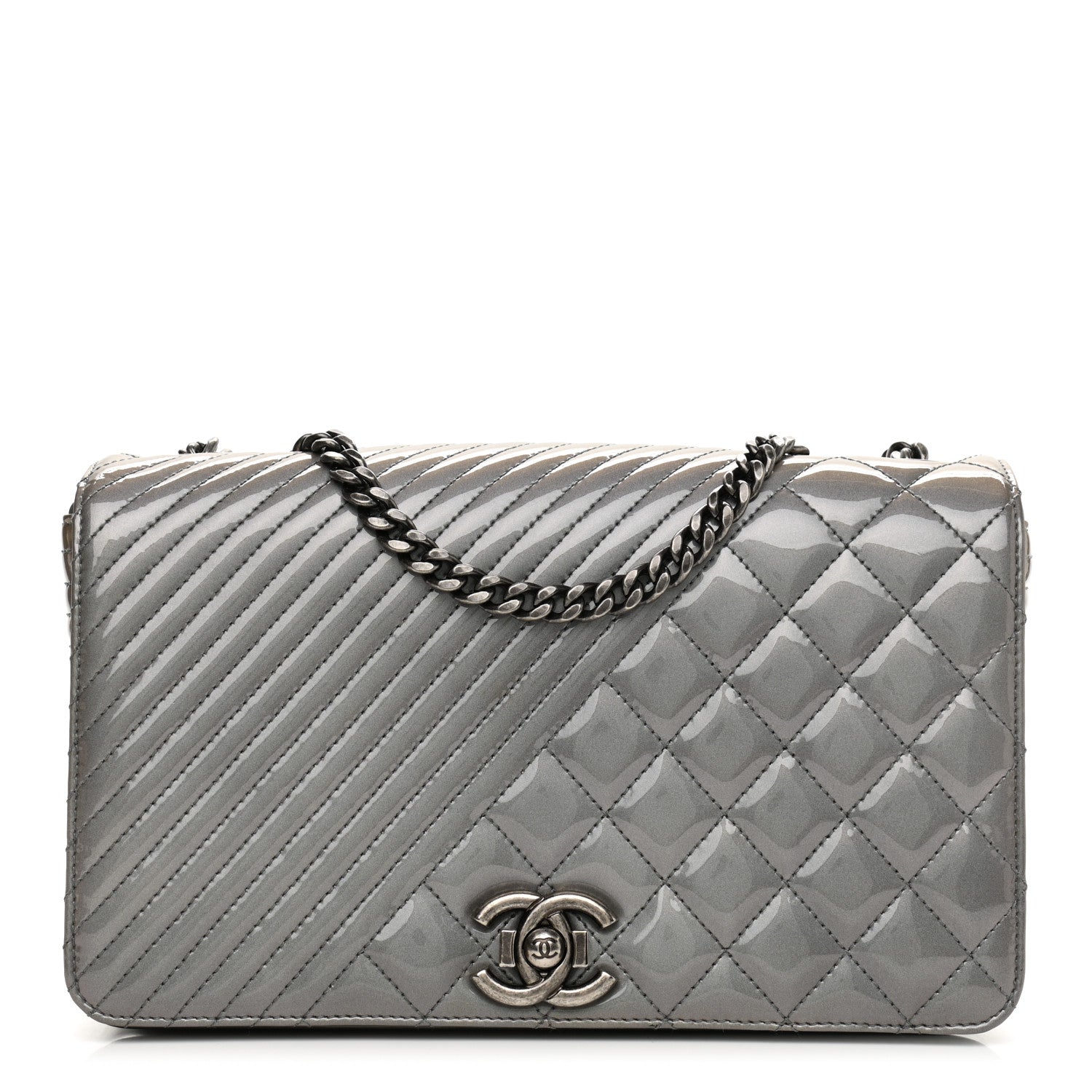 Chanel Metallic Patent Quilted Medium Coco Boy Flap Dark Silver 1 of 11
