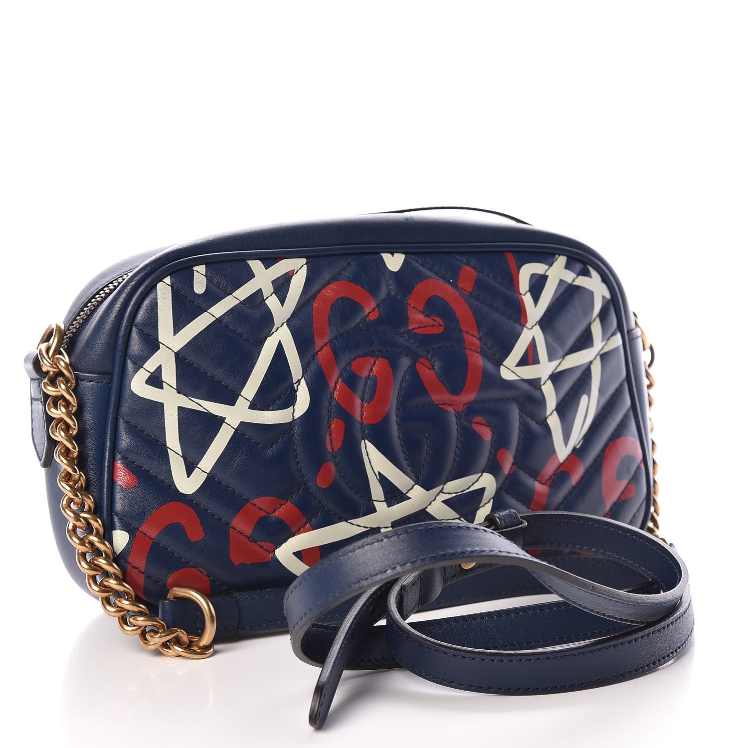 Gucci Calfskin Matelasse GucciGhost Small GG Marmont Chain Shoulder Bag Blue Agata Hibiscus Red 3 of 16