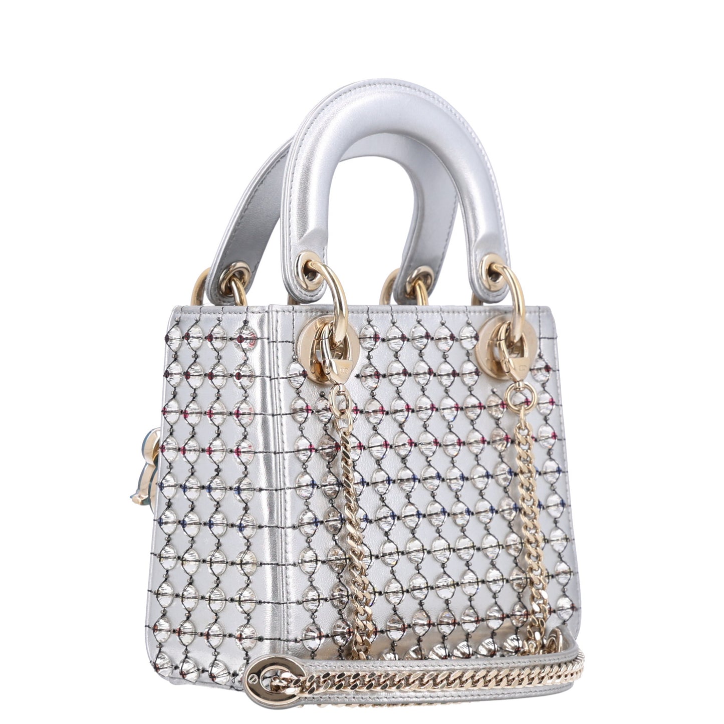 Metallic Calfskin Satin Celestial Bead Embroidery Cannage Mini Lady Dior Silver