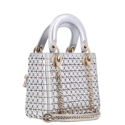 Christian Dior Metallic Calfskin Satin Celestial Bead Embroidery Cannage Mini Lady Dior Silver 2 of 9
