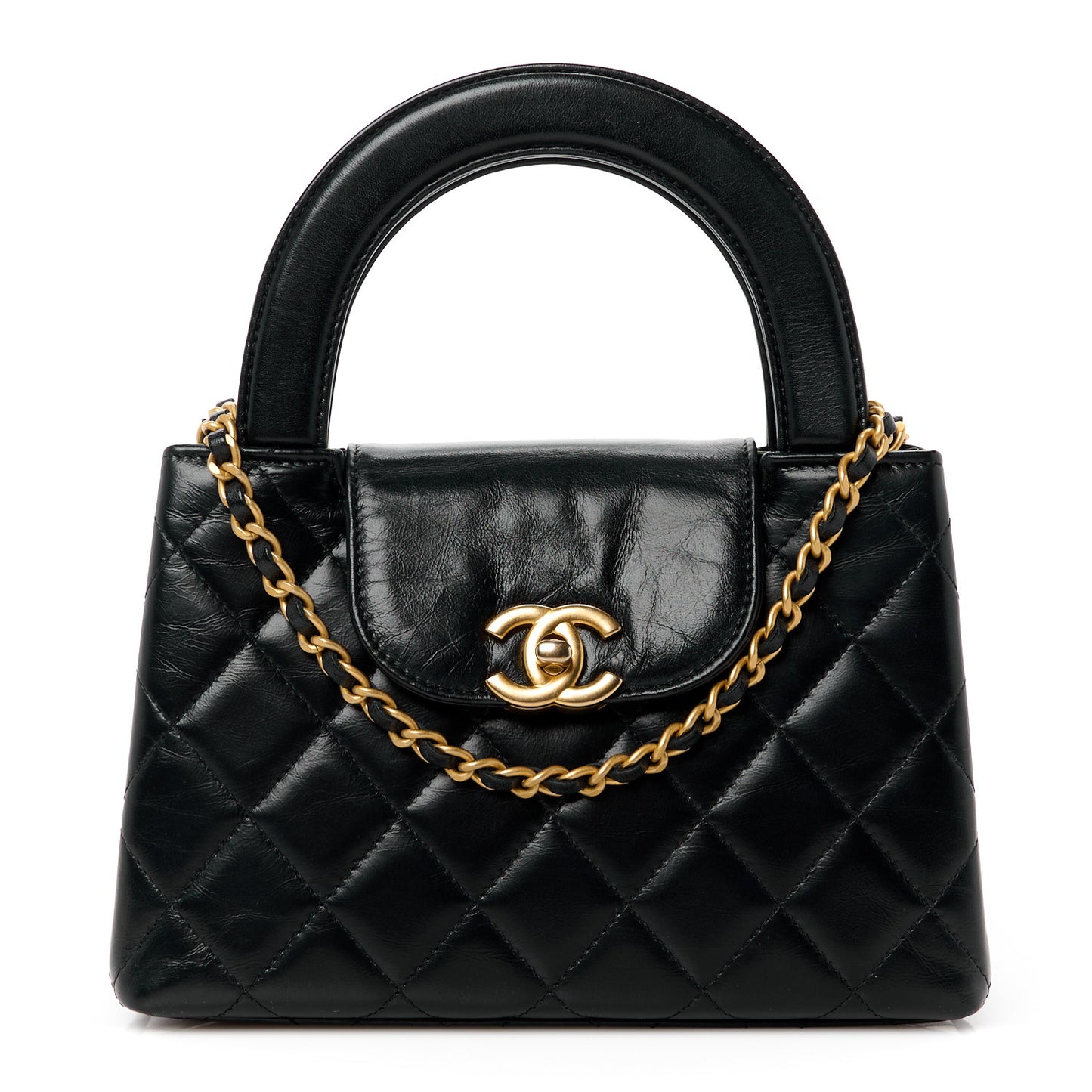 Shiny Aged Calfskin Quilted Nano Kelly Shopper Black