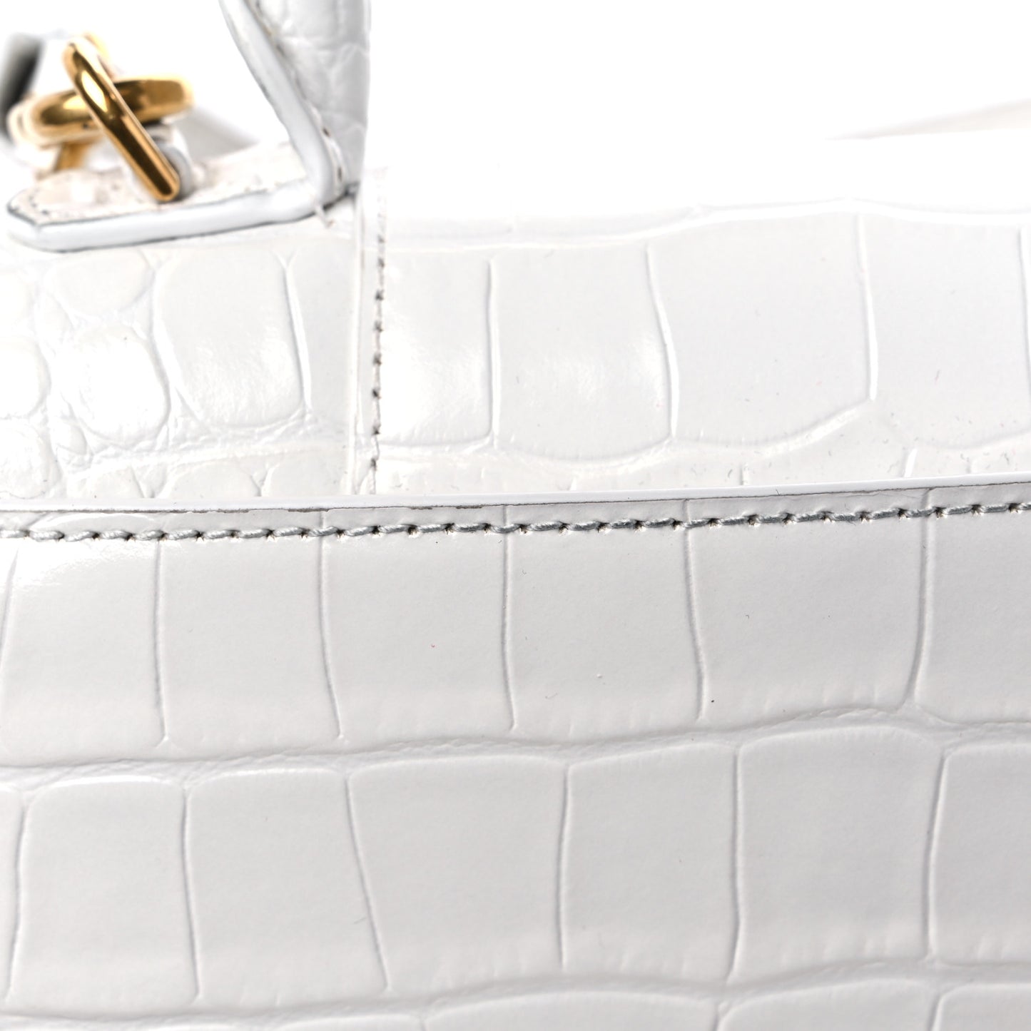 Shiny Calfskin Crocodile Embossed Hourglass Top Handle Bag XS White