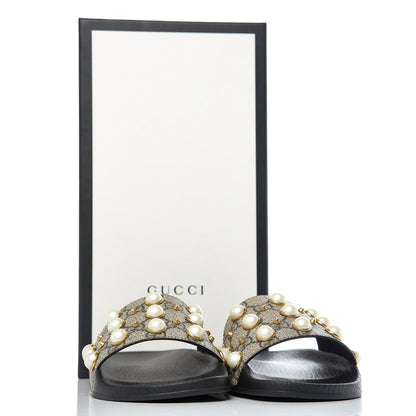 Gucci GG Supreme Monogram Pearls Slide Sandals 36 Beige 8 of 8