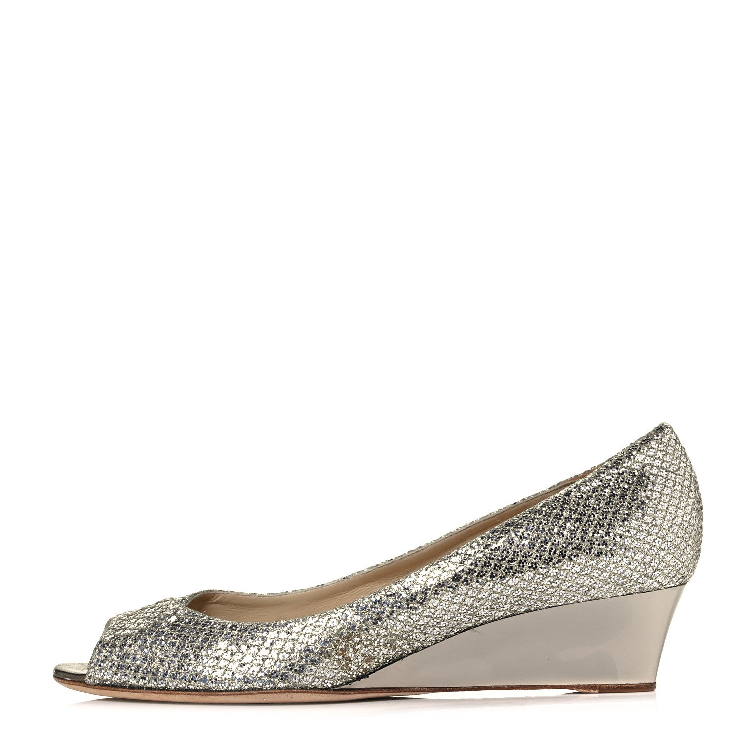 Jimmy Choo Glitter Fabric Baxen Peep Toe Wedges 41 Silver Gold 1 of 8