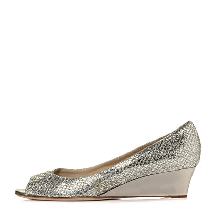 Jimmy Choo Glitter Fabric Baxen Peep Toe Wedges 41 Silver Gold 1 of 8