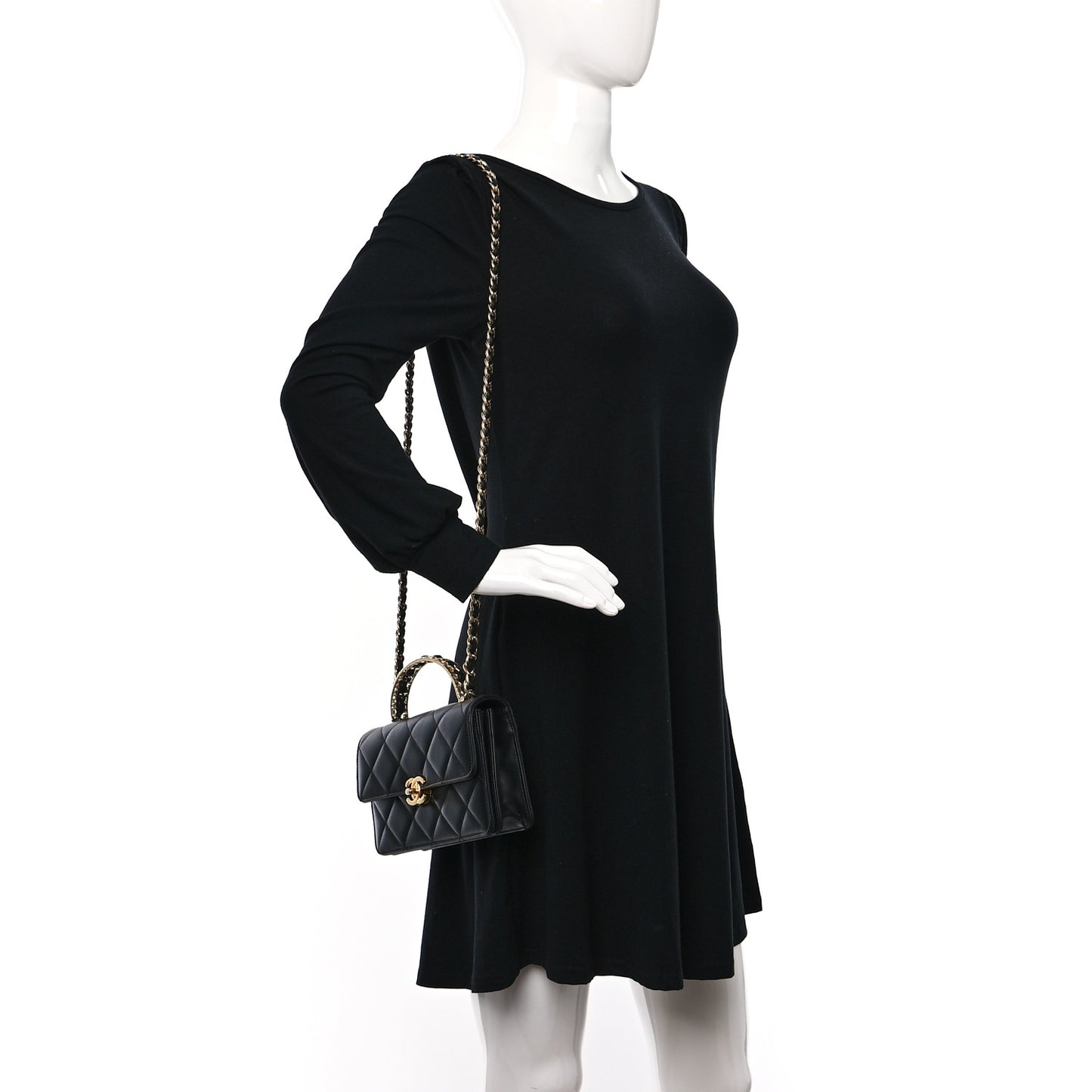Shiny Calfskin Quilted Mini Metal Top Handle Flap Black
