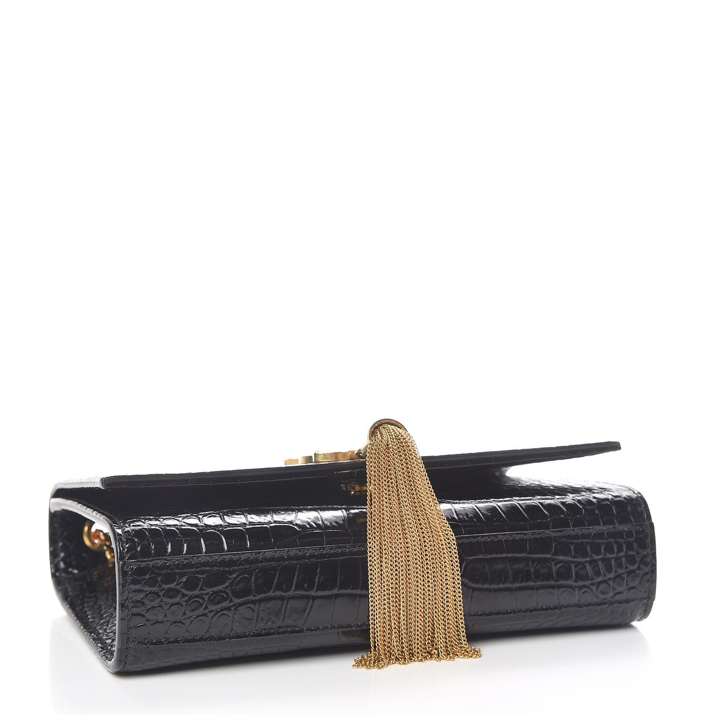 Calfskin Crocodile Embossed Small Classic Monogram Kate Tassel Satchel Black