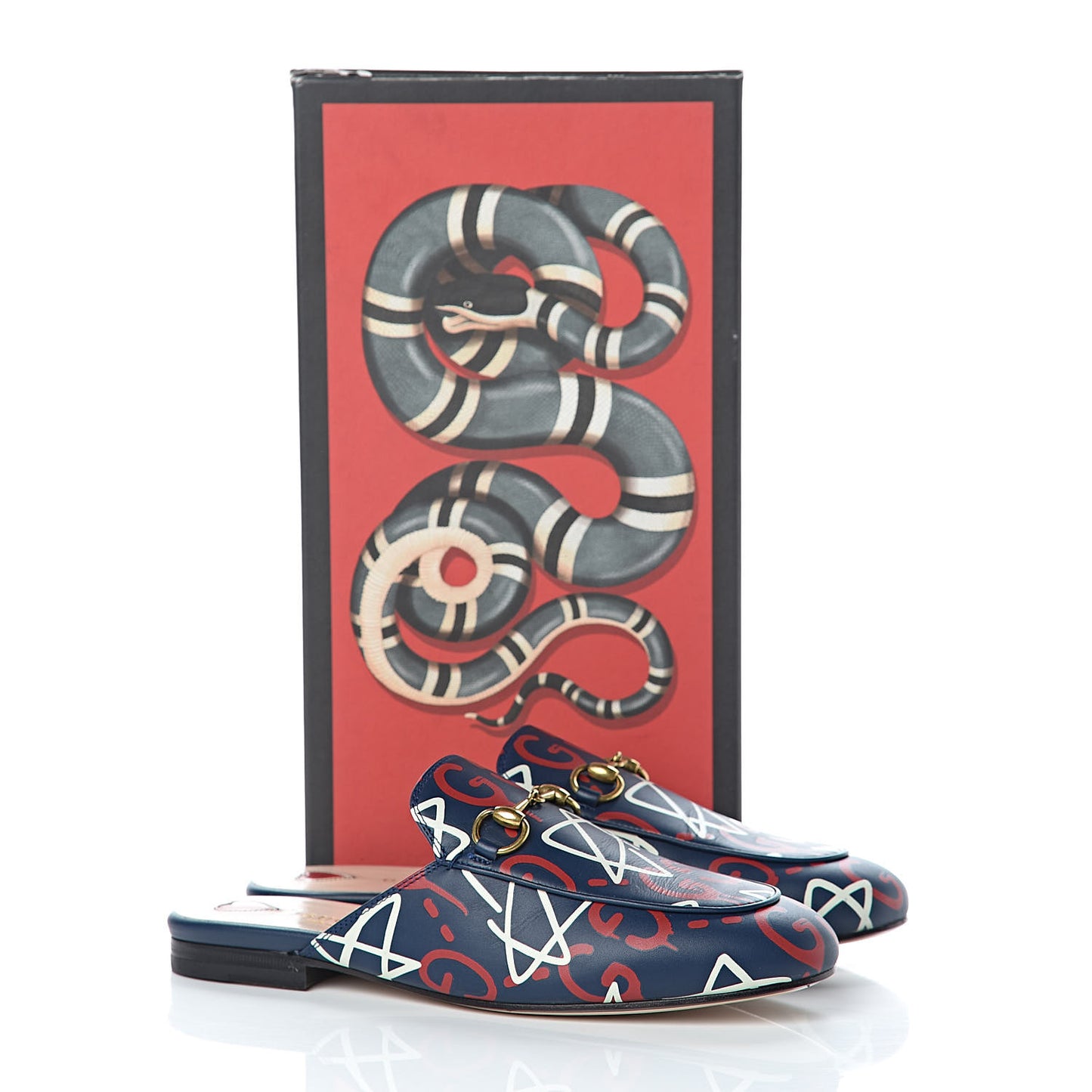 Calfskin GucciGhost Print Womens Princetown Slippers 36.5 Blue Agata Hibiscus Red