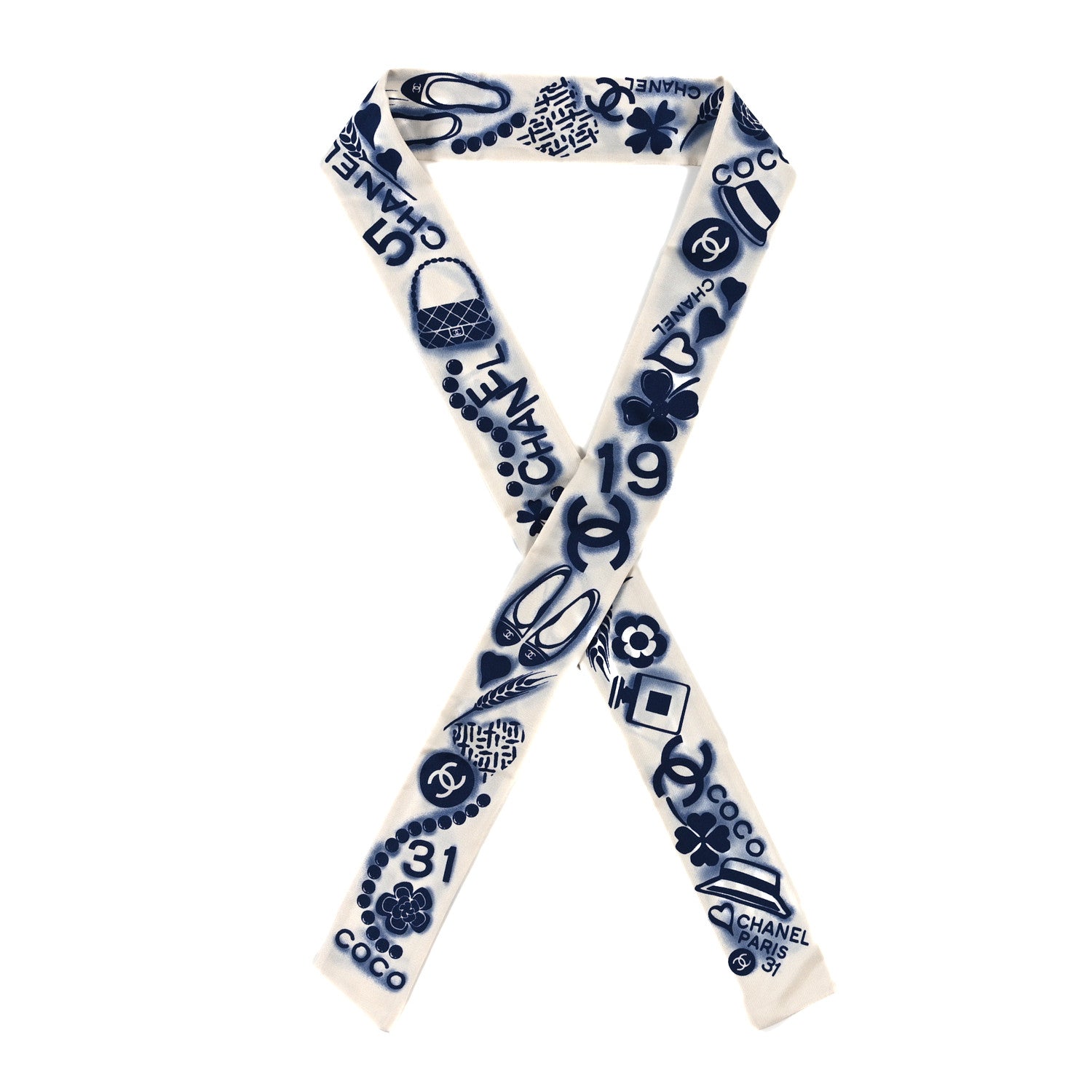 Chanel Silk CC Slim Bandeau Scarf Navy Ivory 1 of 3