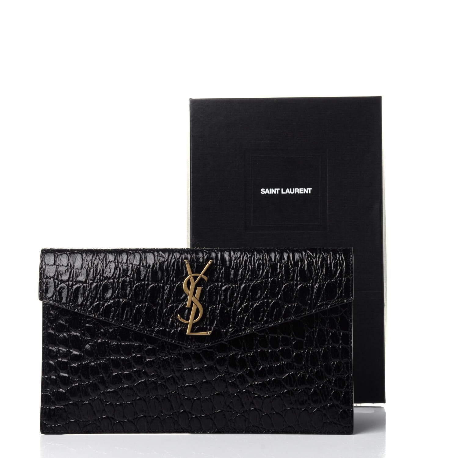 Saint Laurent Calfskin Crocodile Embossed Uptown Monogram Clutch Black 11 of 16