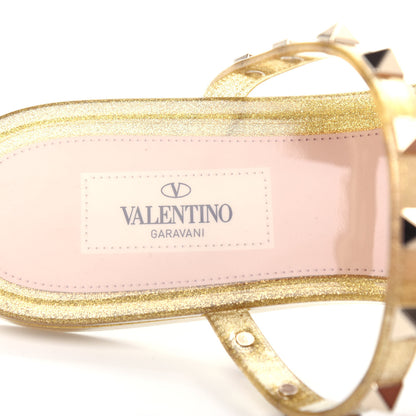 Valentino Garavani PVC Jelly Glitter Rockstud Caged Flat Thong Sandals 40 Oro 8 of 10