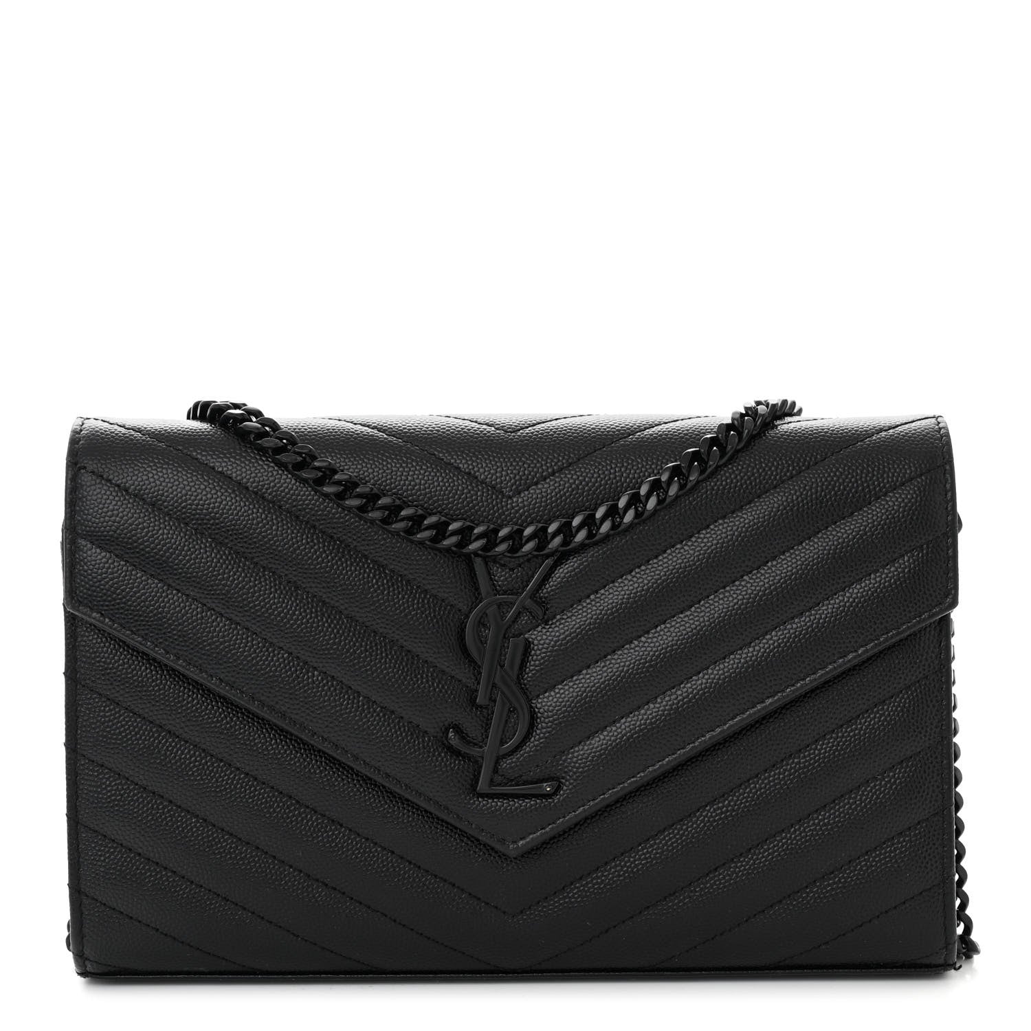 Saint Laurent Grain De Poudre Matelasse Chevron Monogram Monochrome Chain Wallet Black 1 of 11