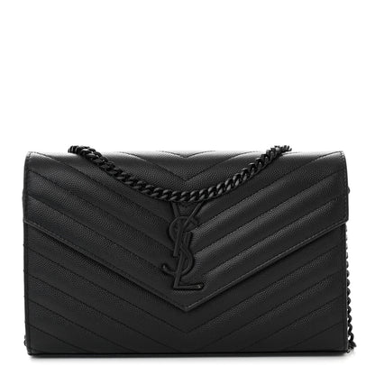 Saint Laurent Grain De Poudre Matelasse Chevron Monogram Monochrome Chain Wallet Black 1 of 11