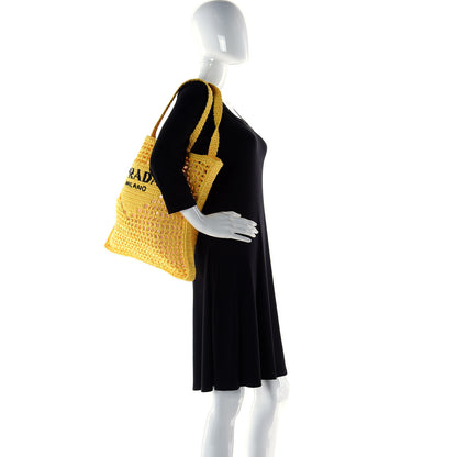 Prada Yarn Raffia Effect Crochet Logo Embroidered Tote Bag Giallo 3 of 11