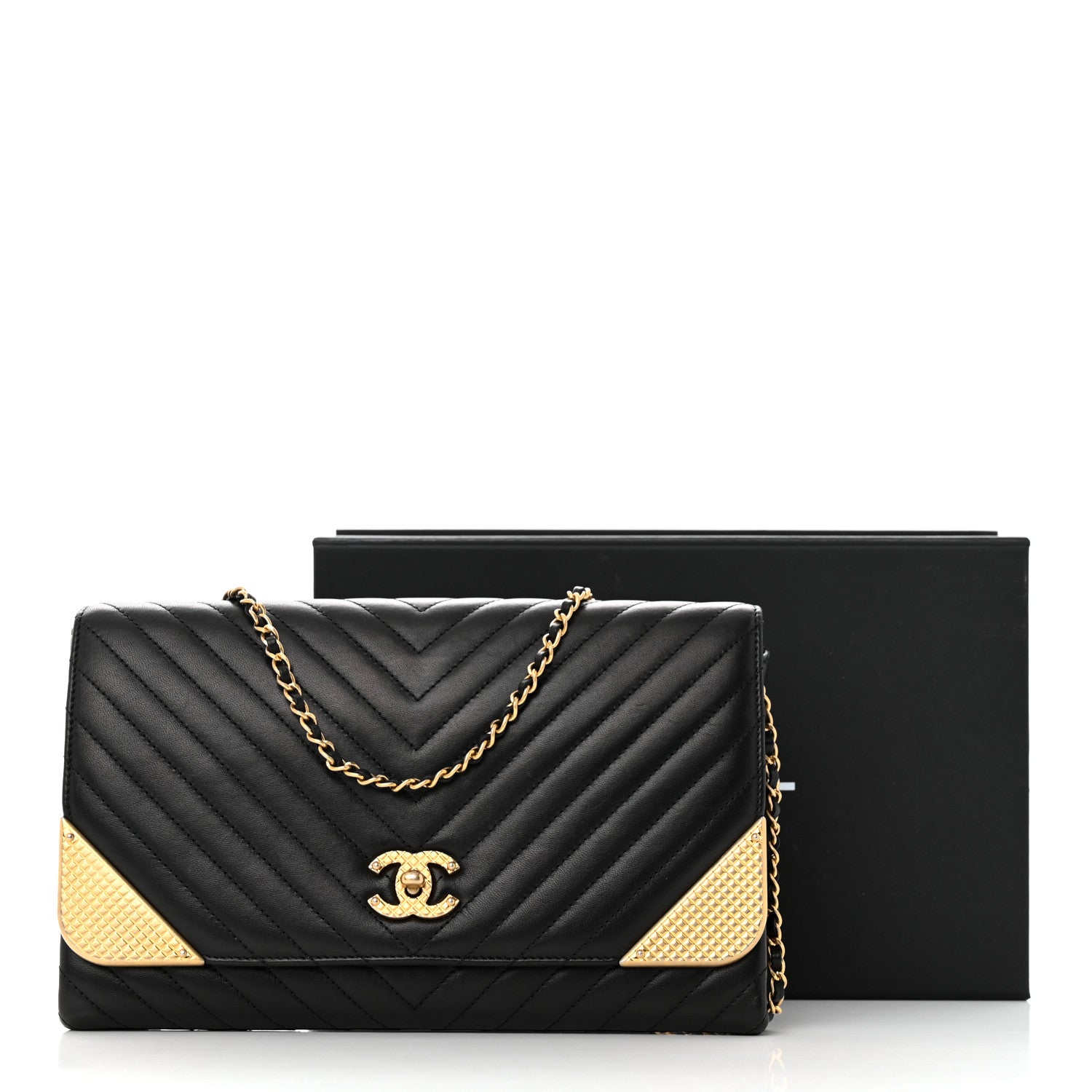 Chanel Calfskin Chevron Quilted Rock The Corner Clutch With Chain Black 13 of 13