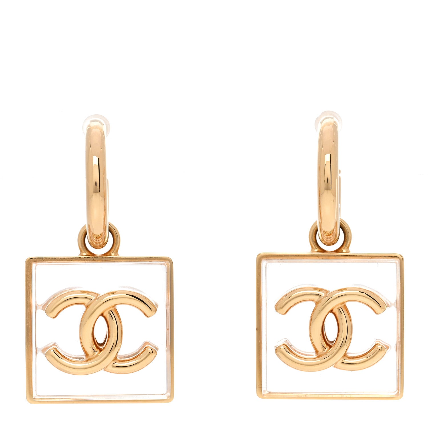 Chanel Metal Resin CC Square Drop Earrings Gold Transparent 2 of 11