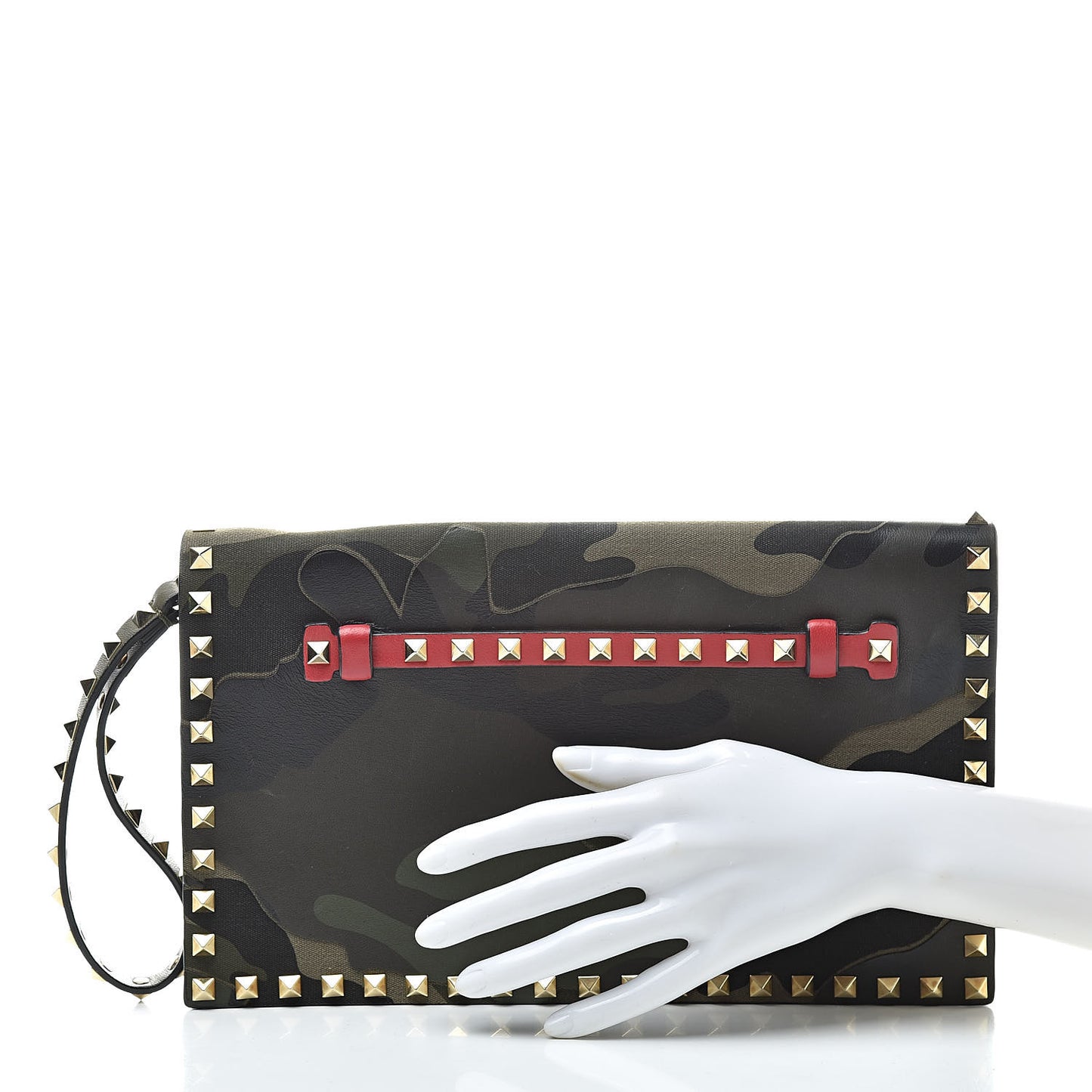 Nappa Canvas Camouflage Rockstud Wristlet Clutch Verde Rouge
