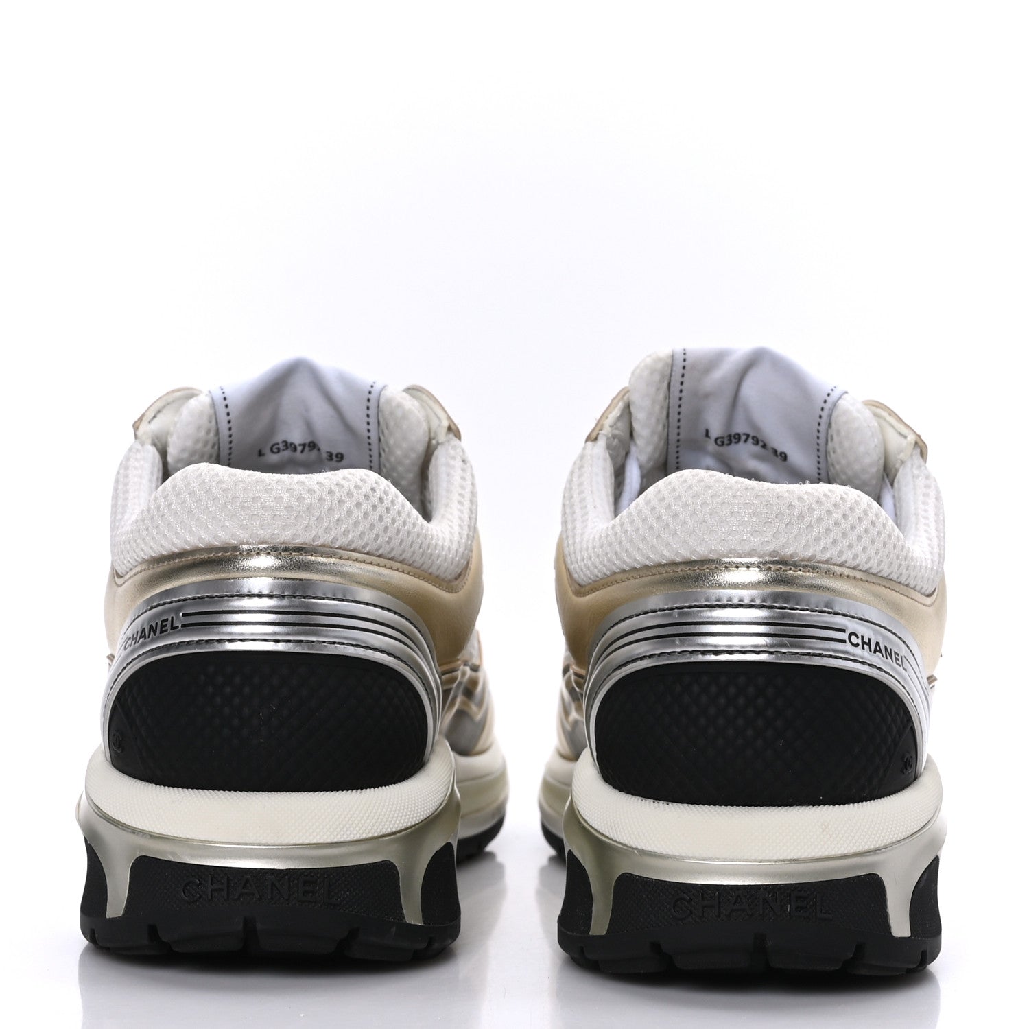 Chanel Fabric Laminated Calfskin Stretch CC Sneakers 39 White Gold