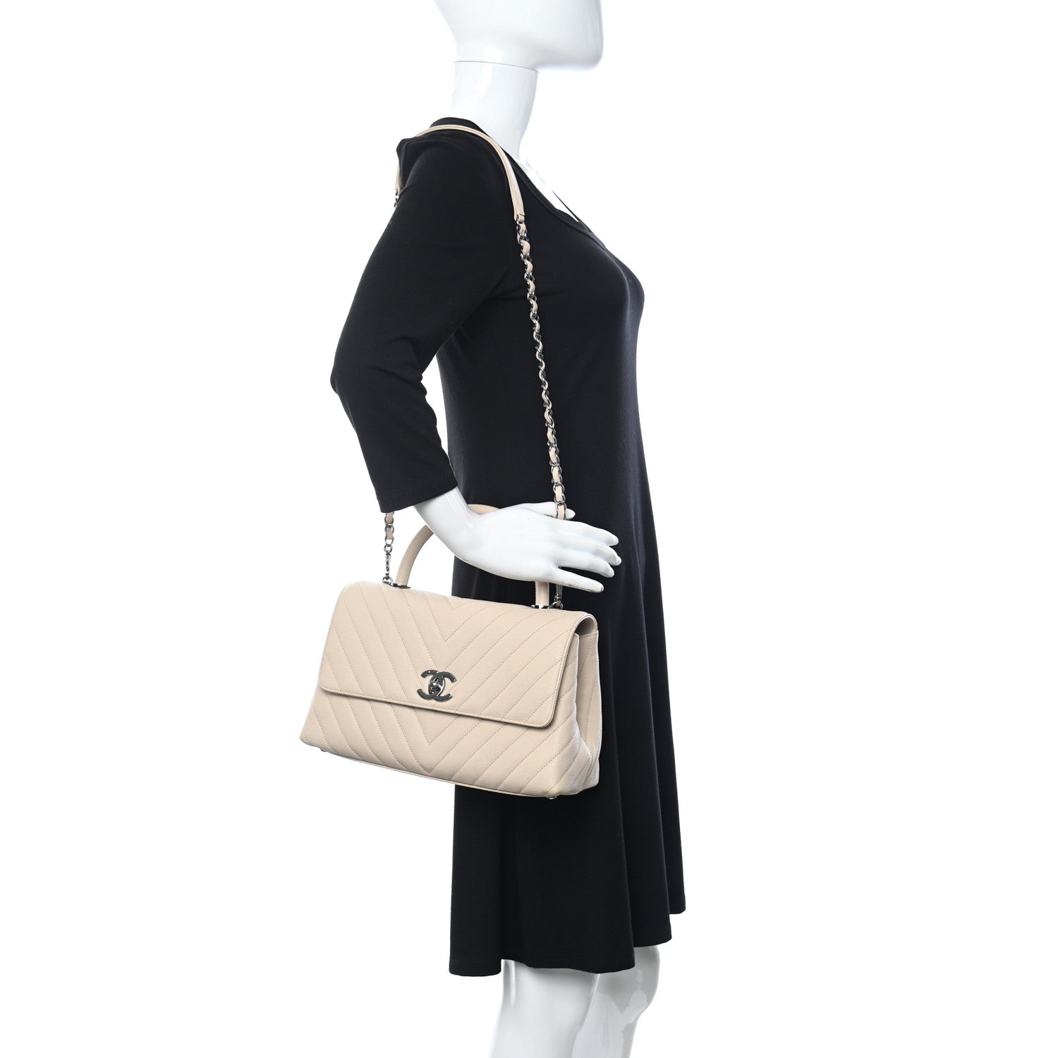 Chanel Caviar Chevron Quilted Small Coco Handle Flap Beige 2 of 13