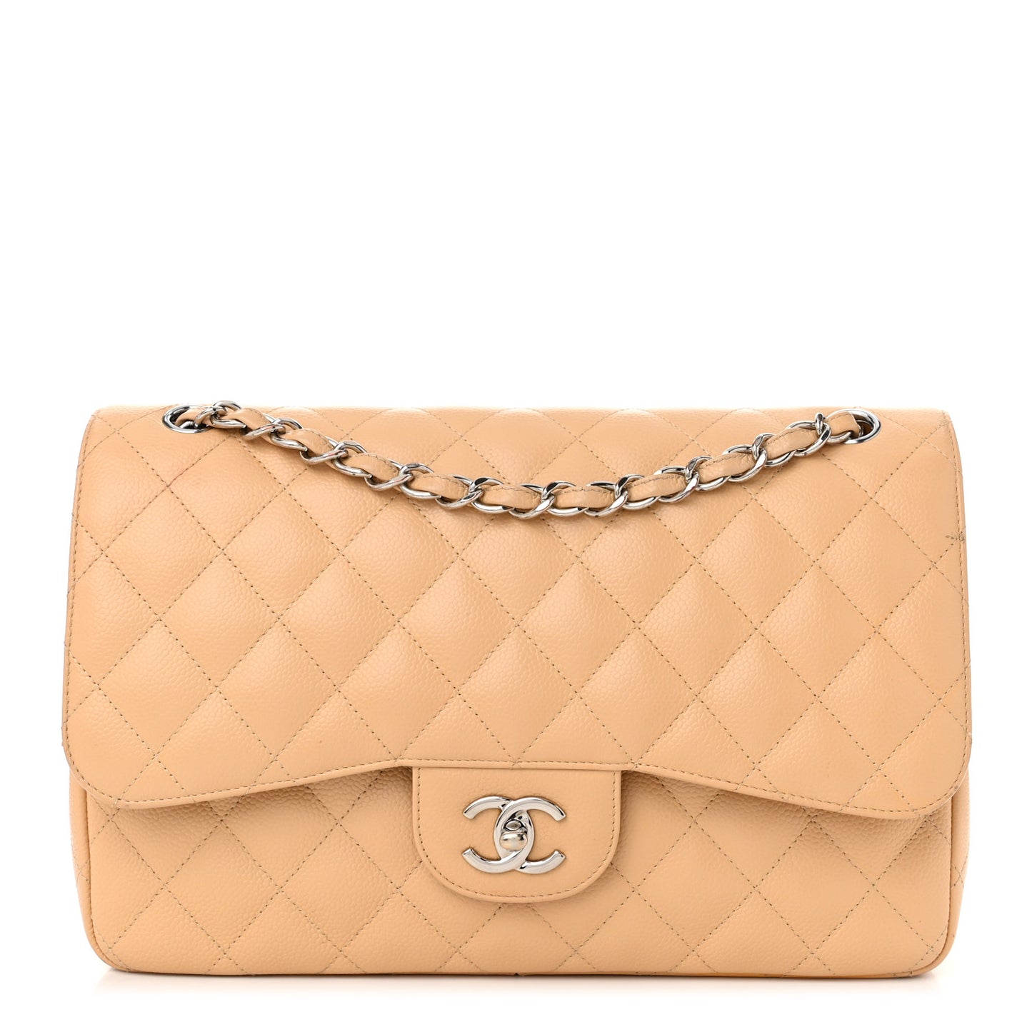 Caviar Quilted Jumbo Double Flap Beige
