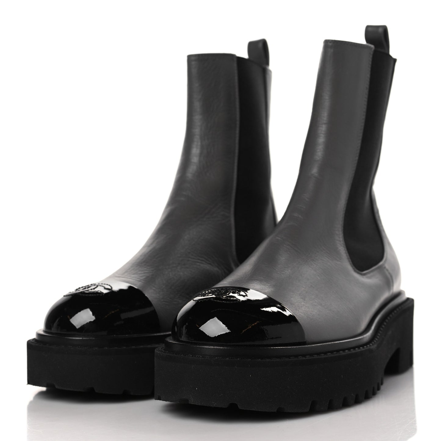 Crumpled Calfskin Patent Cap Toe Short Boots 36.5 Dark Grey Black