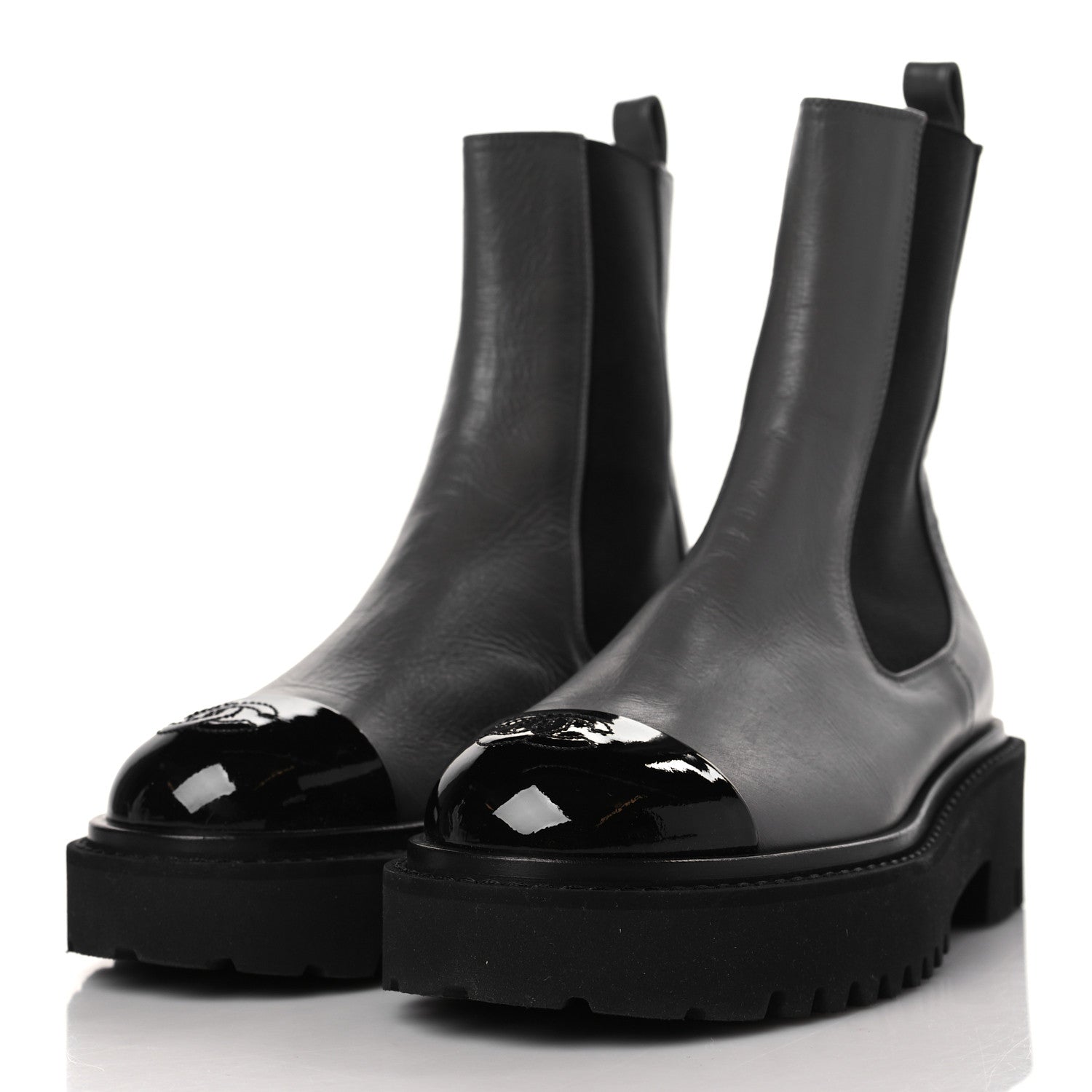 Chanel Crumpled Calfskin Patent Cap Toe Short Boots 36.5 Dark Grey Black 3 of 9