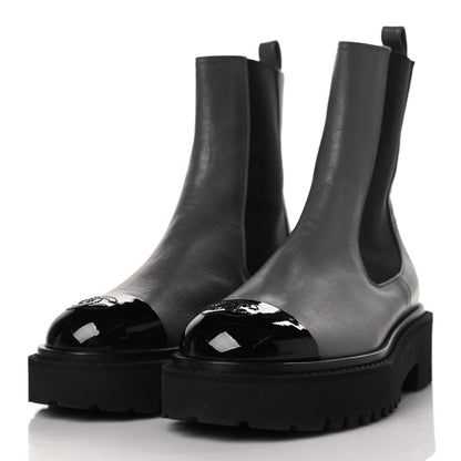 Chanel Crumpled Calfskin Patent Cap Toe Short Boots 36.5 Dark Grey Black 3 of 9