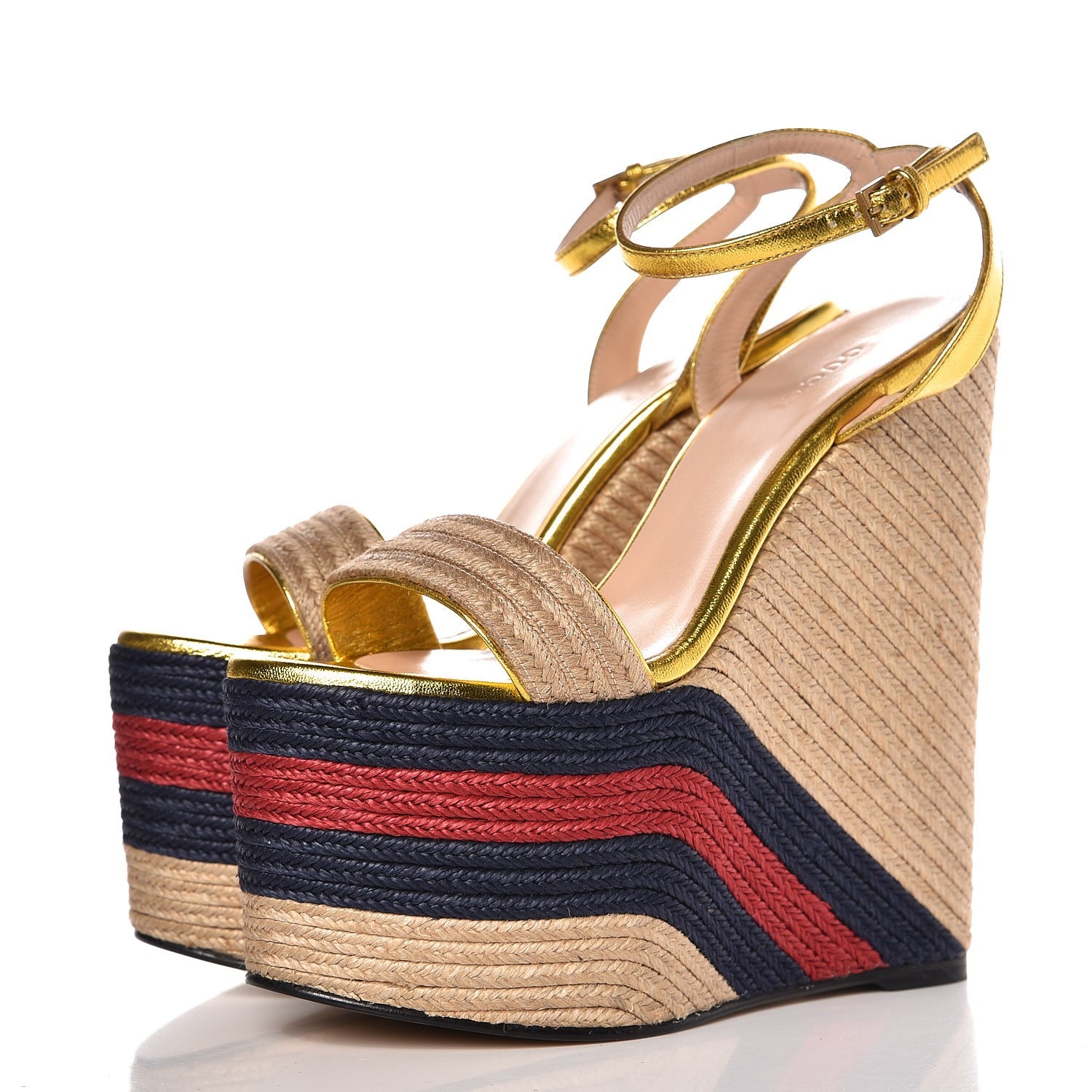 Gucci Raffia Metallic Calfskin Web Espadrille Platform Wedge Sandals 36 Gold 2 of 8