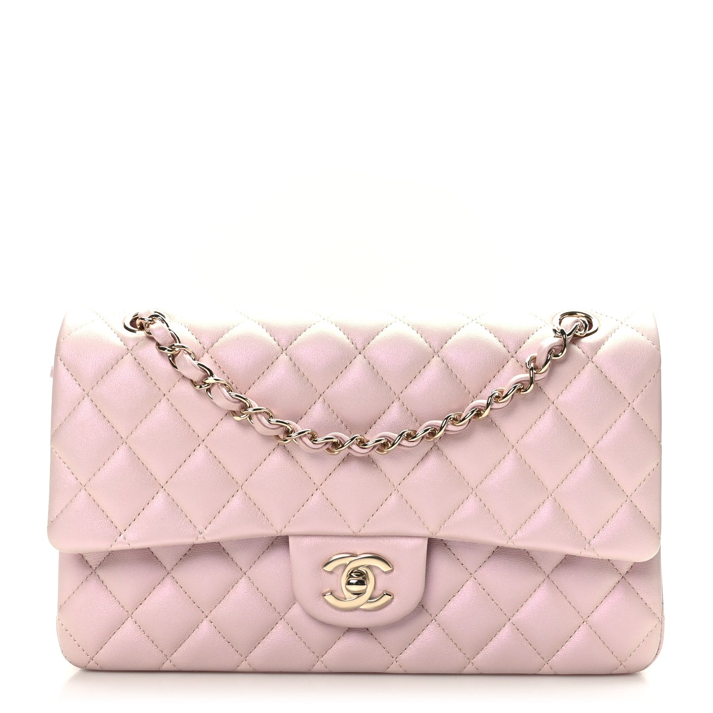 Iridescent Calfskin Quilted Medium Double Flap Light Pink