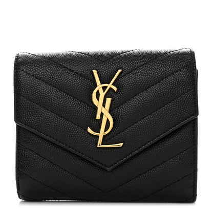 Saint Laurent Grain De Poudre Matelasse Chevron Monogram Compact Tri Fold Wallet Black 1 of 7