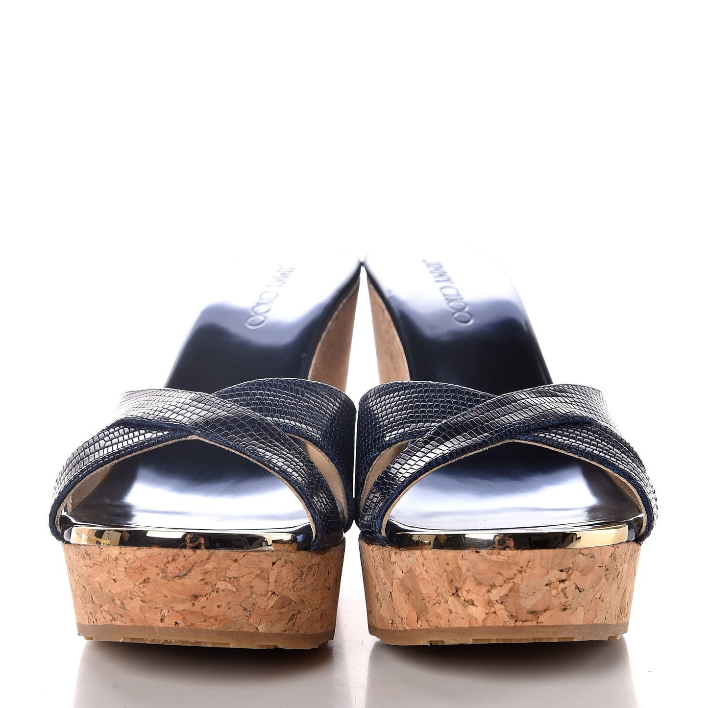 Snake Print Calfskin Embossed Cork Pandora Wedges 35.5 Navy