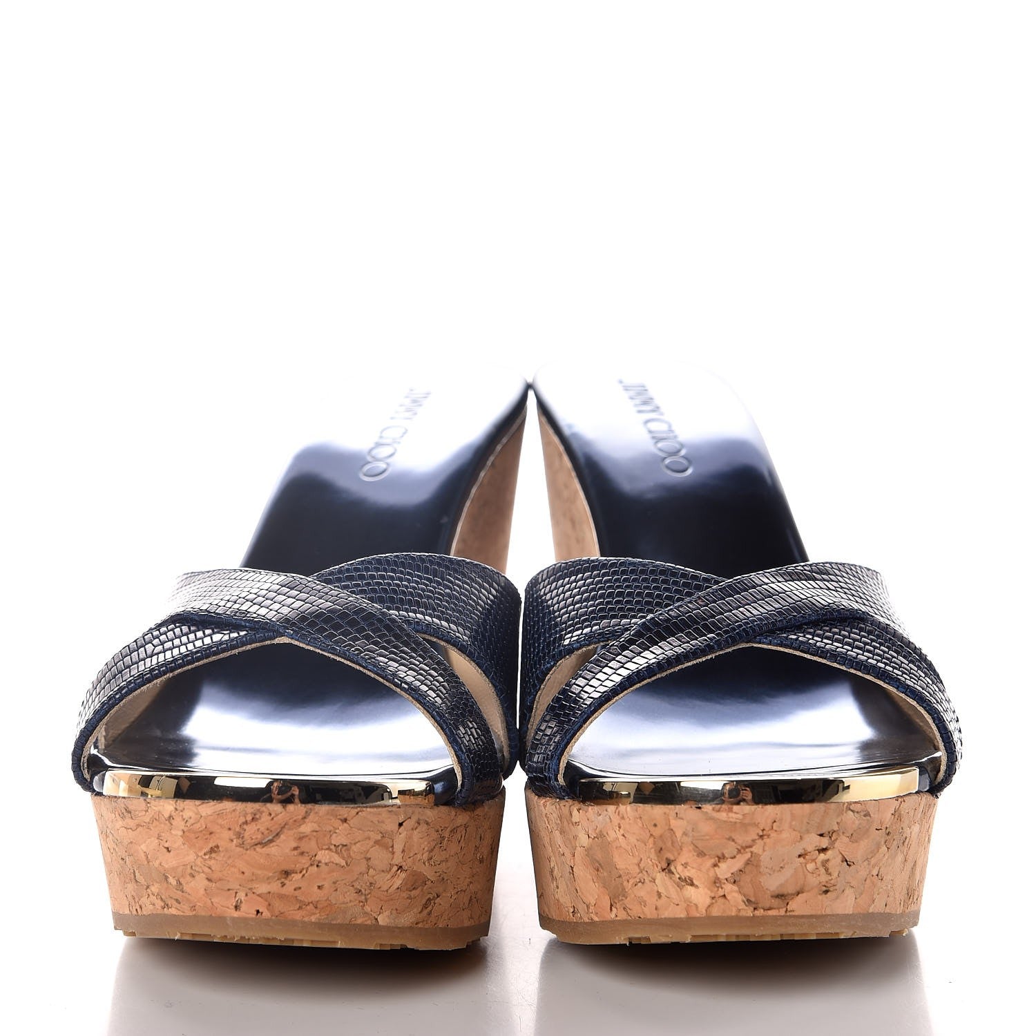 Jimmy Choo Snake Print Calfskin Embossed Cork Pandora Wedges 35.5 Navy 2 of 11