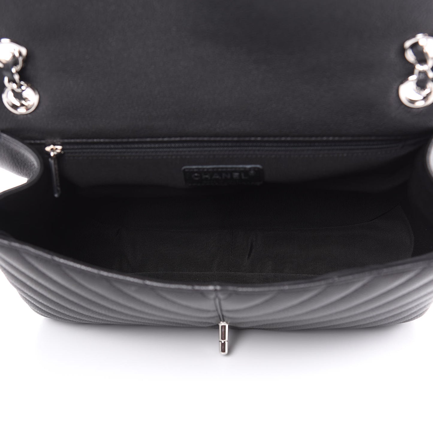 Caviar Chevron Quilted Large Puffy CC Flap Black