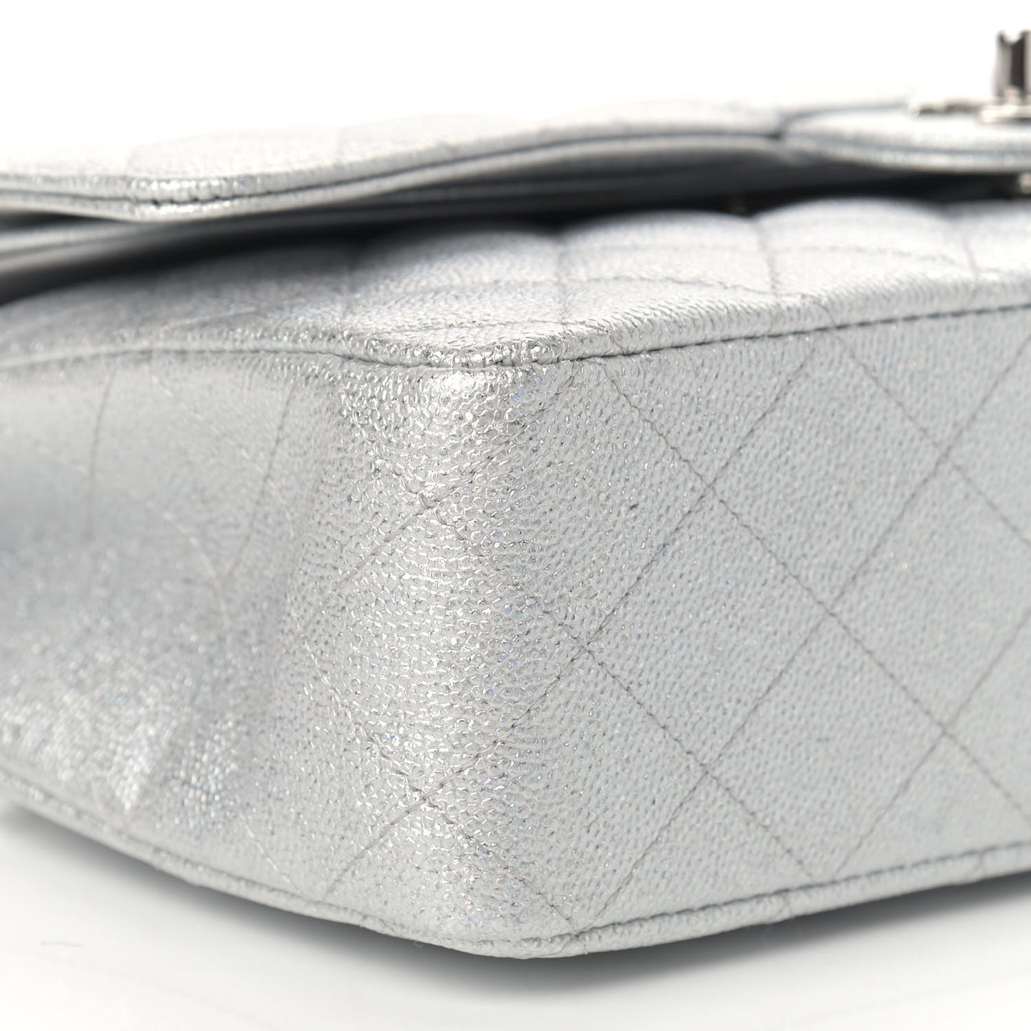 Glittered Metallic Caviar Quilted Medium Double Flap Silver