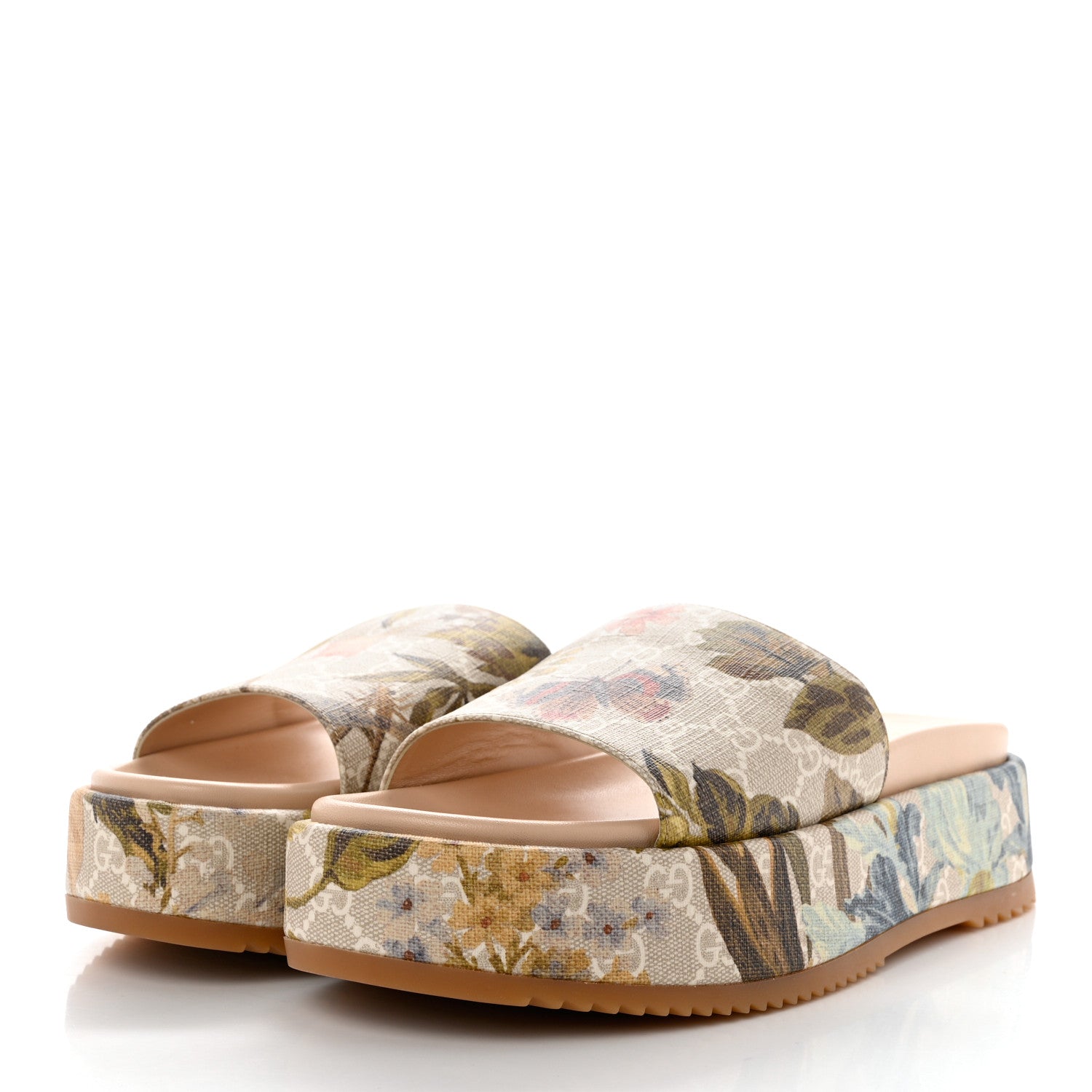 Gucci GG Supreme Monogram Water Flora Angelina Platform Slide Sandals 41 Beige White Multicolor 3 of 9