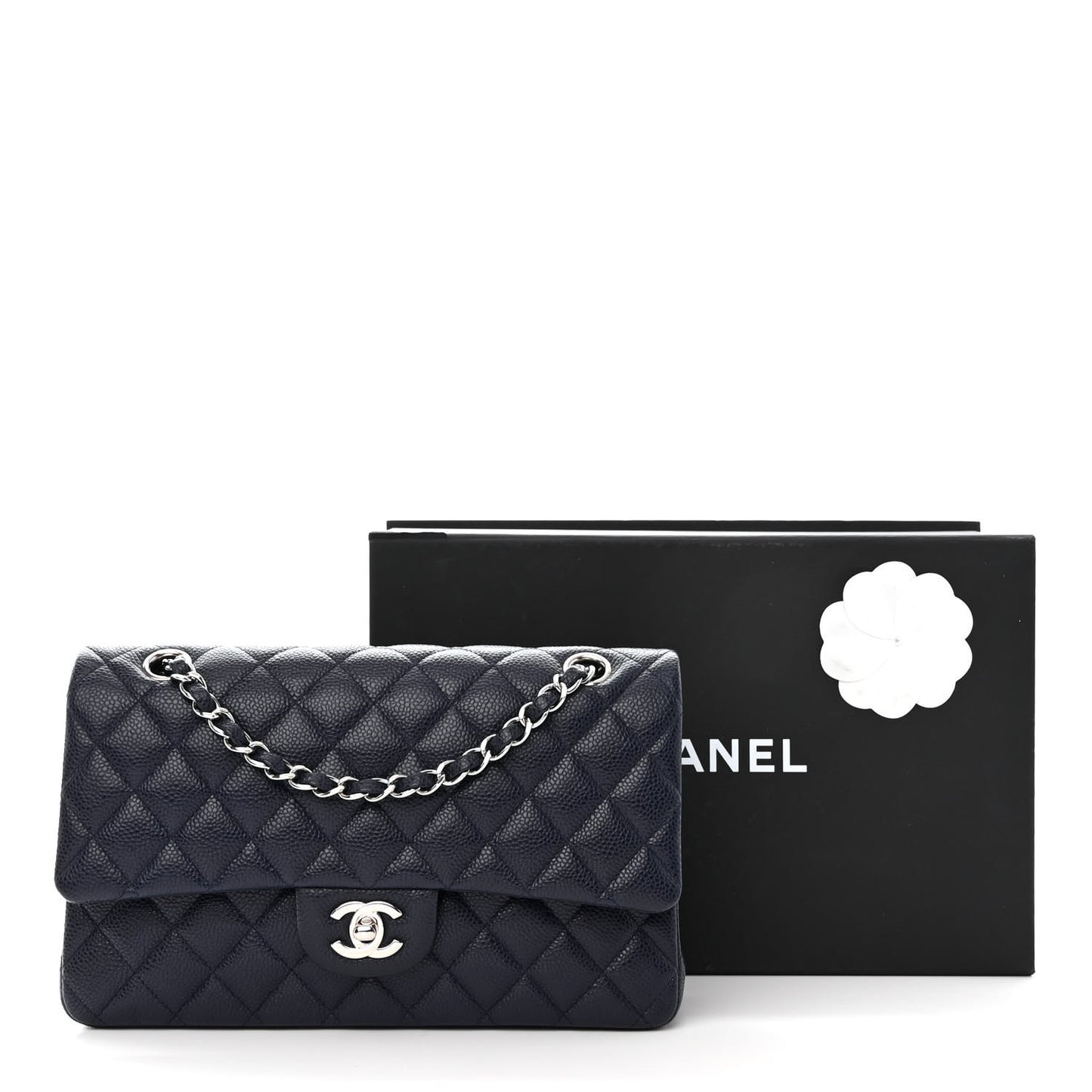 Caviar Quilted Medium Double Flap Navy