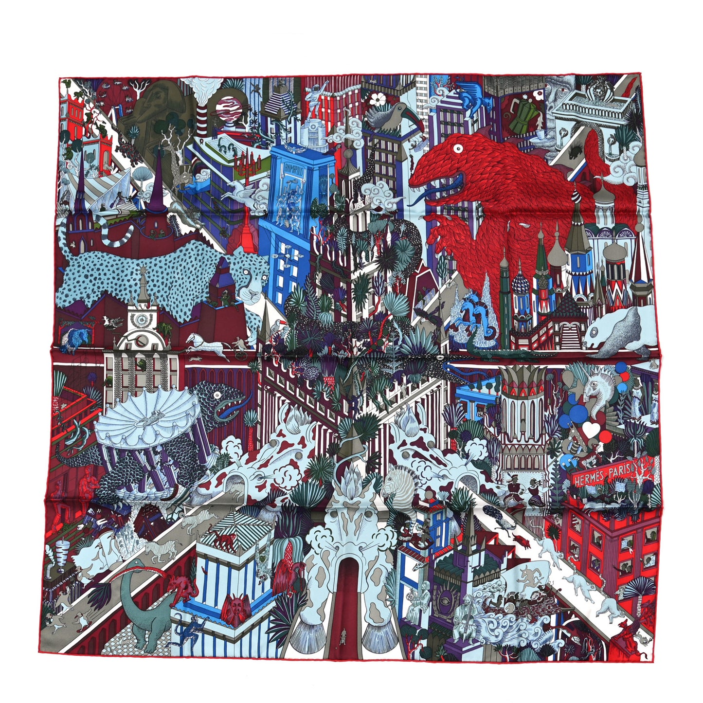 Silk Animapolis Scarf 90 Bordeaux Bleu Rouge