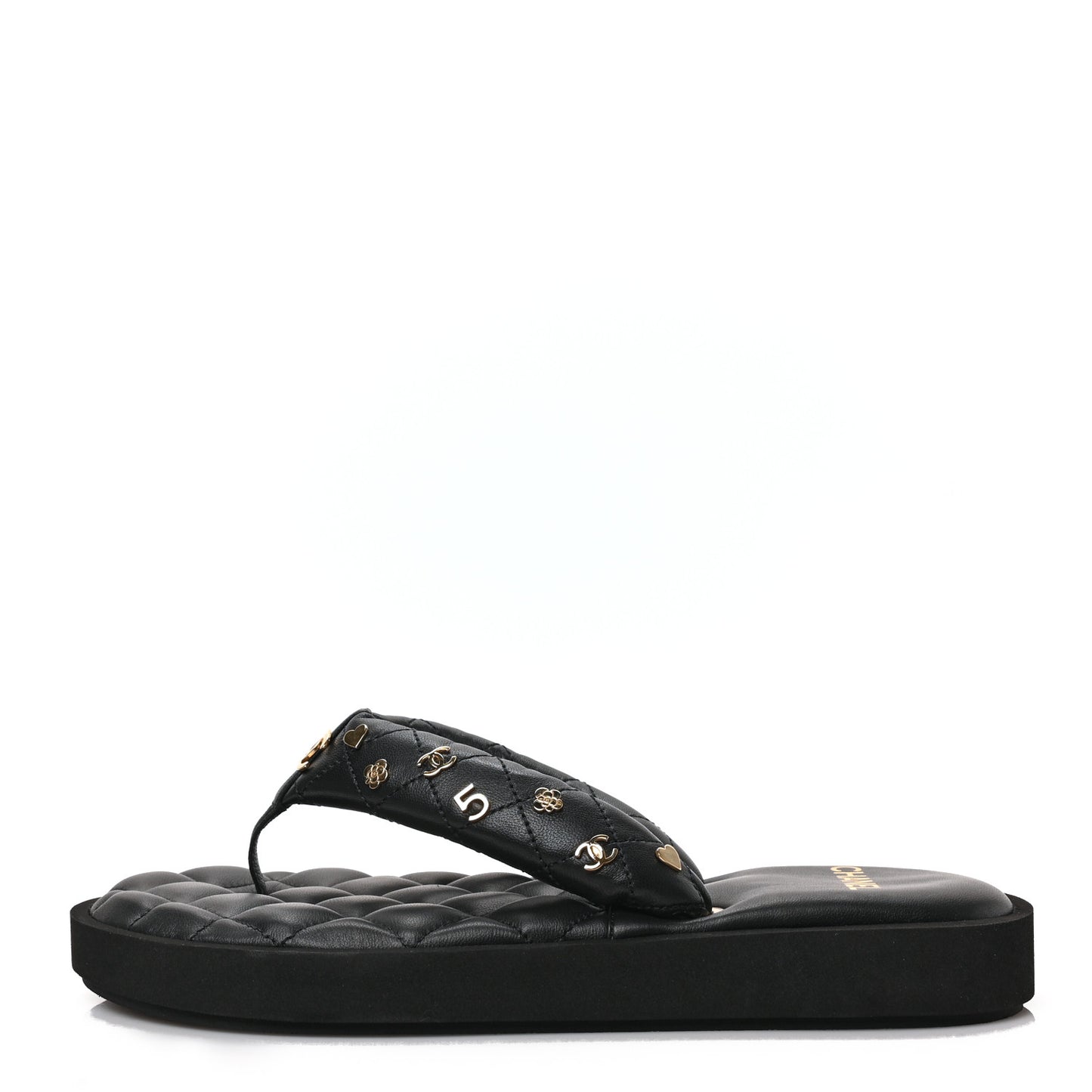 Lambskin Quilted Padded Charms Thong Sandals 39.5 Black