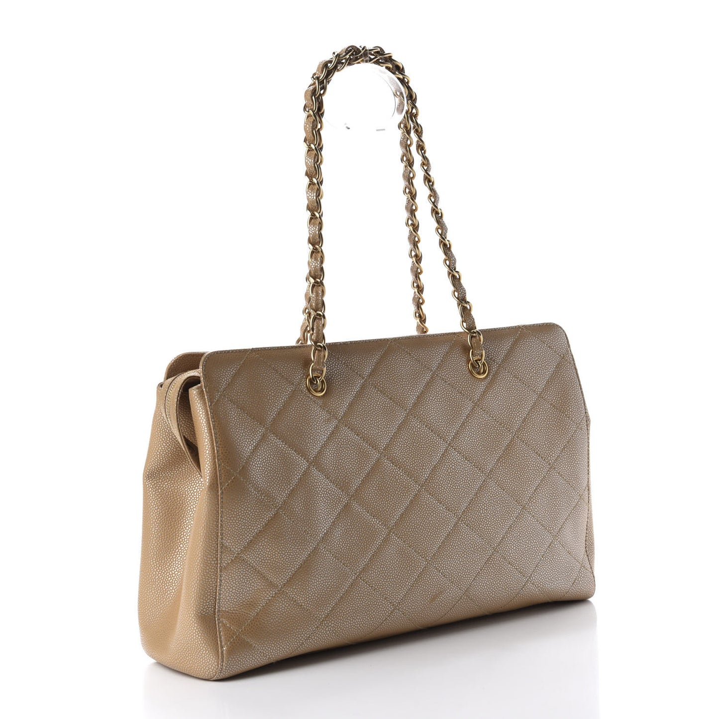 Metallic Caviar Quilted Shopping Tote Beige