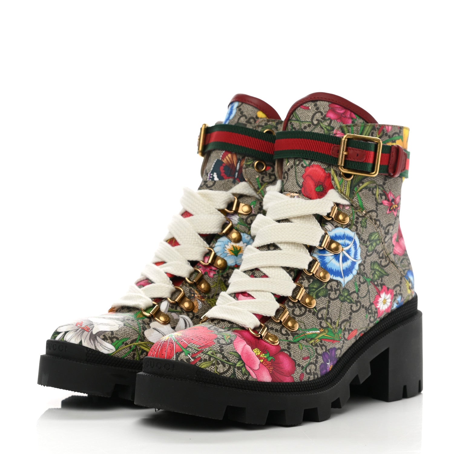 Gucci GG Supreme Monogram Flora Lace Up Combat Ankle Boots 37.5 Beige Multicolor Red 3 of 8