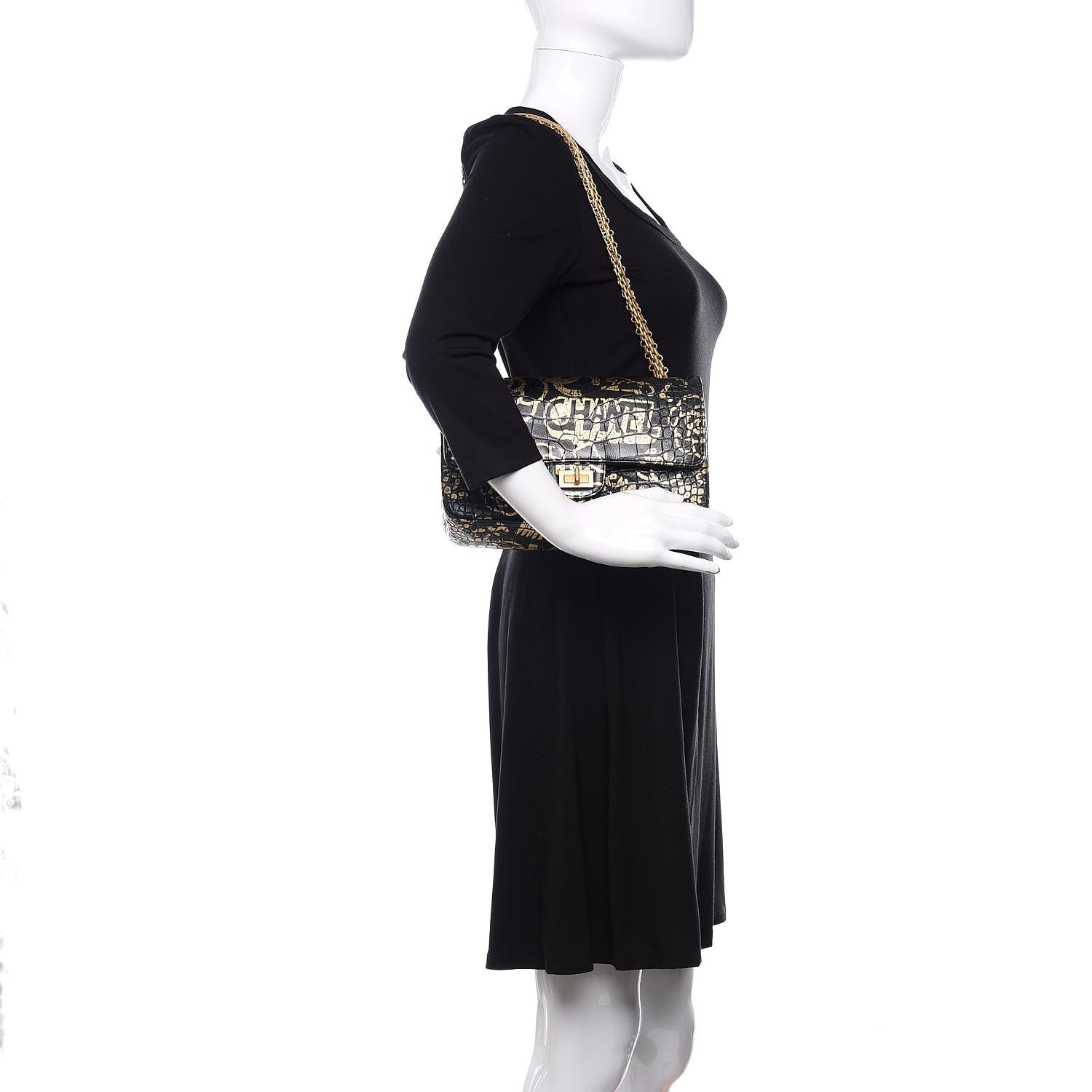 Chanel Calfskin Crocodile Embossed Graffiti 2.55 Cocodile Reissue 225 Flap Black Gold 2 of 11