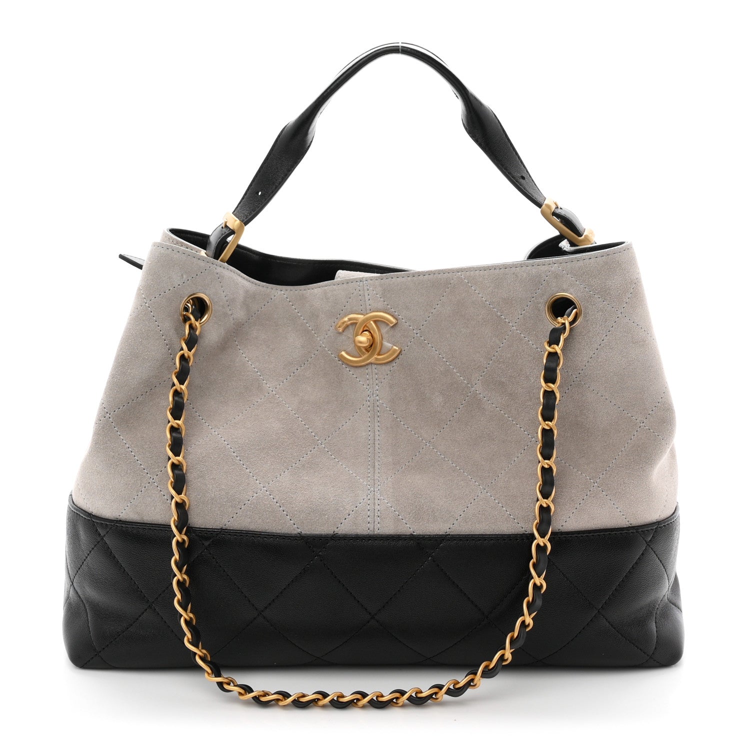 Chanel Suede Calfskin Shiny Lambskin Quilted Small Coco Base Shopping Bag Grey Black 1 of 10