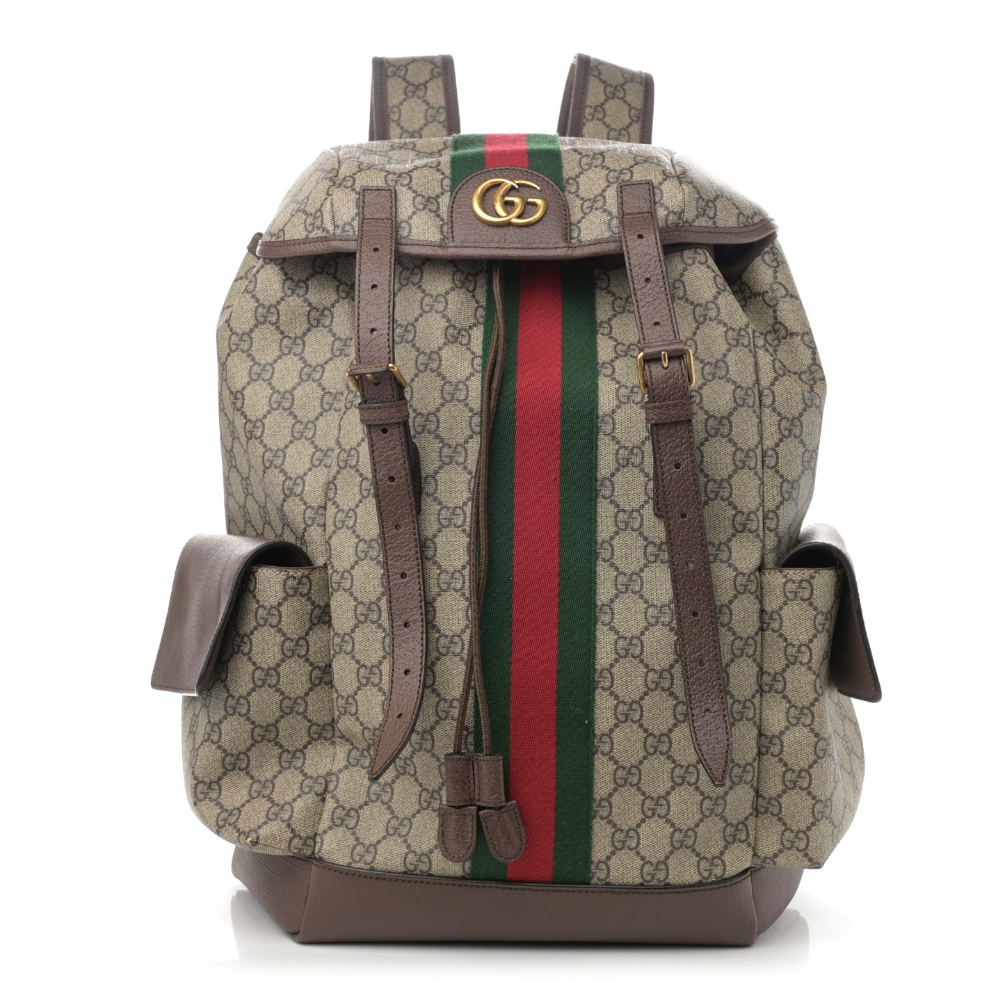 GG Supreme Monogram Medium Ophidia Double Buckle Backpack Brown